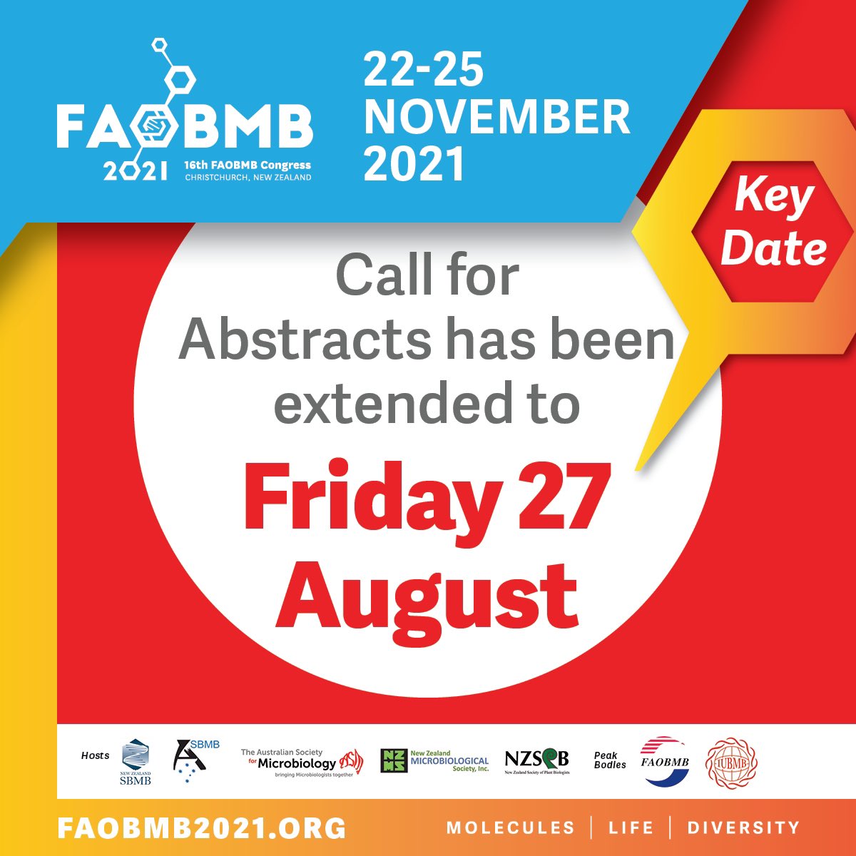 Submission deadline for abstracts EXTENDED to Friday 27 August Featured talks selected from the submitted abstracts, and the poster sessions will undoubtedly be a highlight of the meeting! Accepting abstracts for oral & poster presentations, from both in-person & online delegates