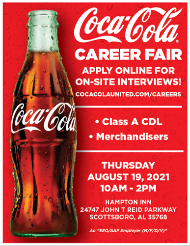 Scottsboro Coca-Cola is holding a Career Fair on Thursday, 8/19!