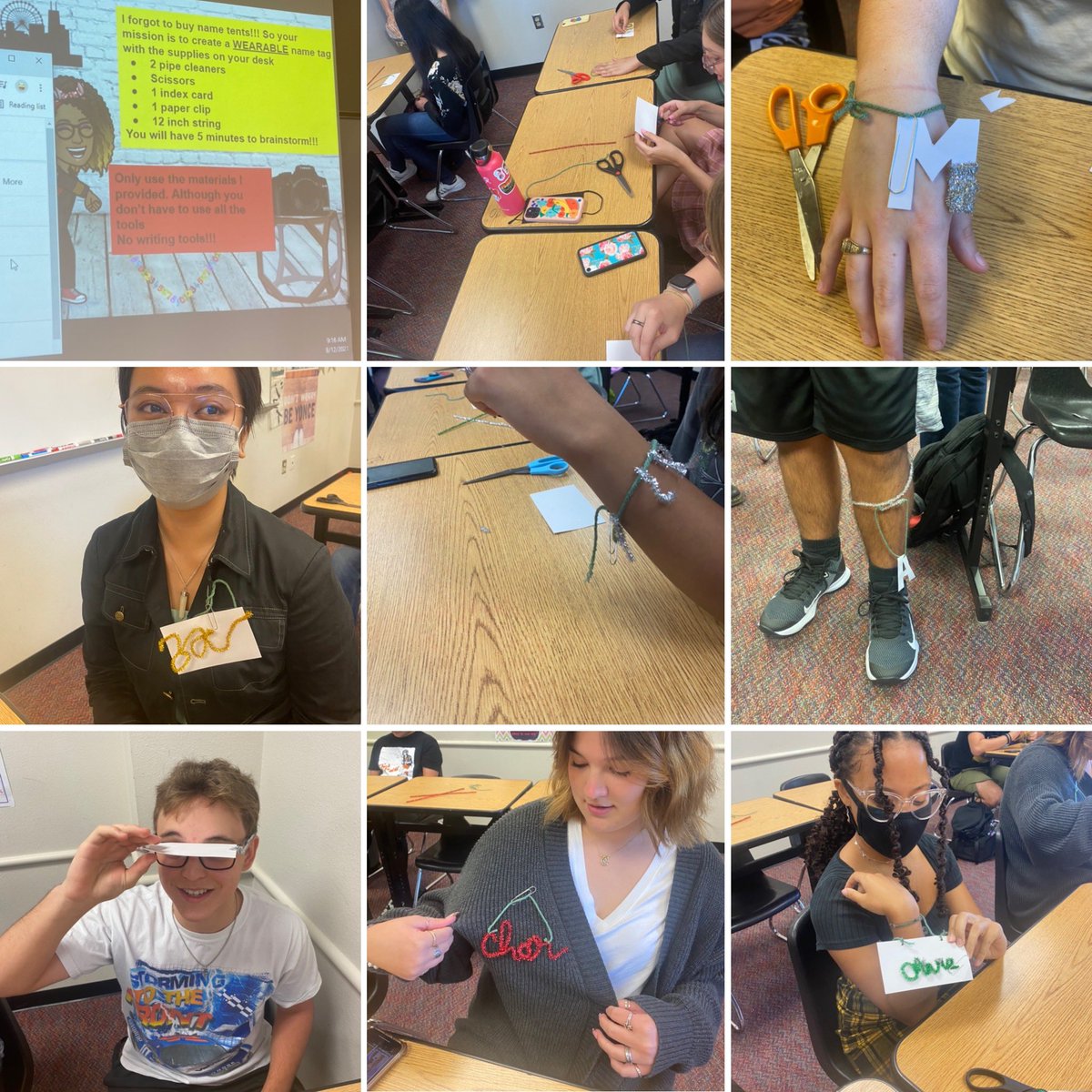 KortneyLovesMTH's tweet photo. Using my TikTok PLC to create my first day #STEM activity. Create a wearable name tag using these supplies. Here are some cool results! #FISDLearns #FutureReady #WeSlayMath @FISDSecmath @mr_n_casas @johnkab54 https://t.co/dXSpVLOEPC