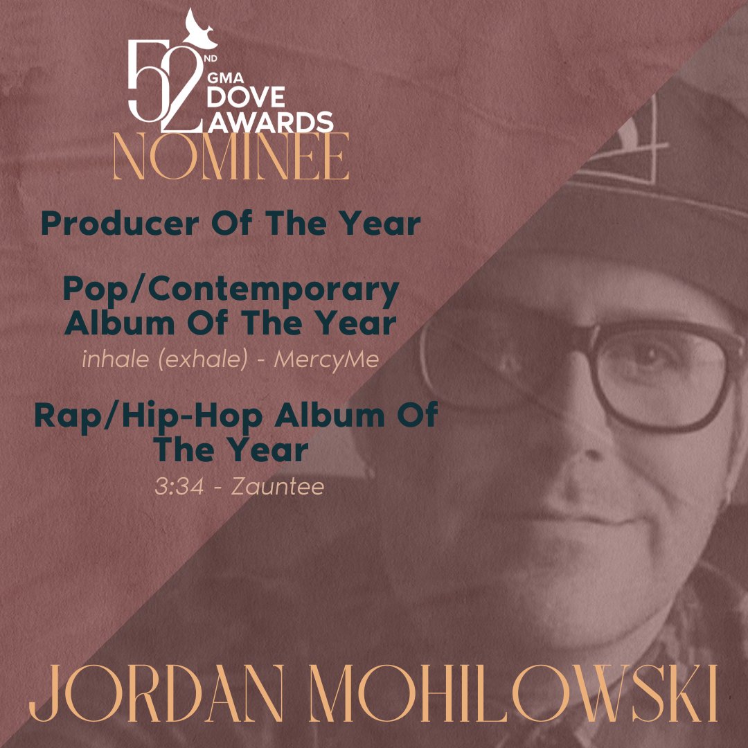 Fair Trade Radio (@fairtraderadio) on Twitter photo Congratulations to <a href="/jmohilowski/">Jordan Mohilowski</a> for being nominated as Producer Of The Year for this year's <a href="/GMADoveAwards/">The Dove Awards</a>!
#doveawards Congratulations to <a href="/jmohilowski/">Jordan Mohilowski</a> for being nominated as Producer Of The Year for this year's <a href="/GMADoveAwards/">The Dove Awards</a>!
#doveawards