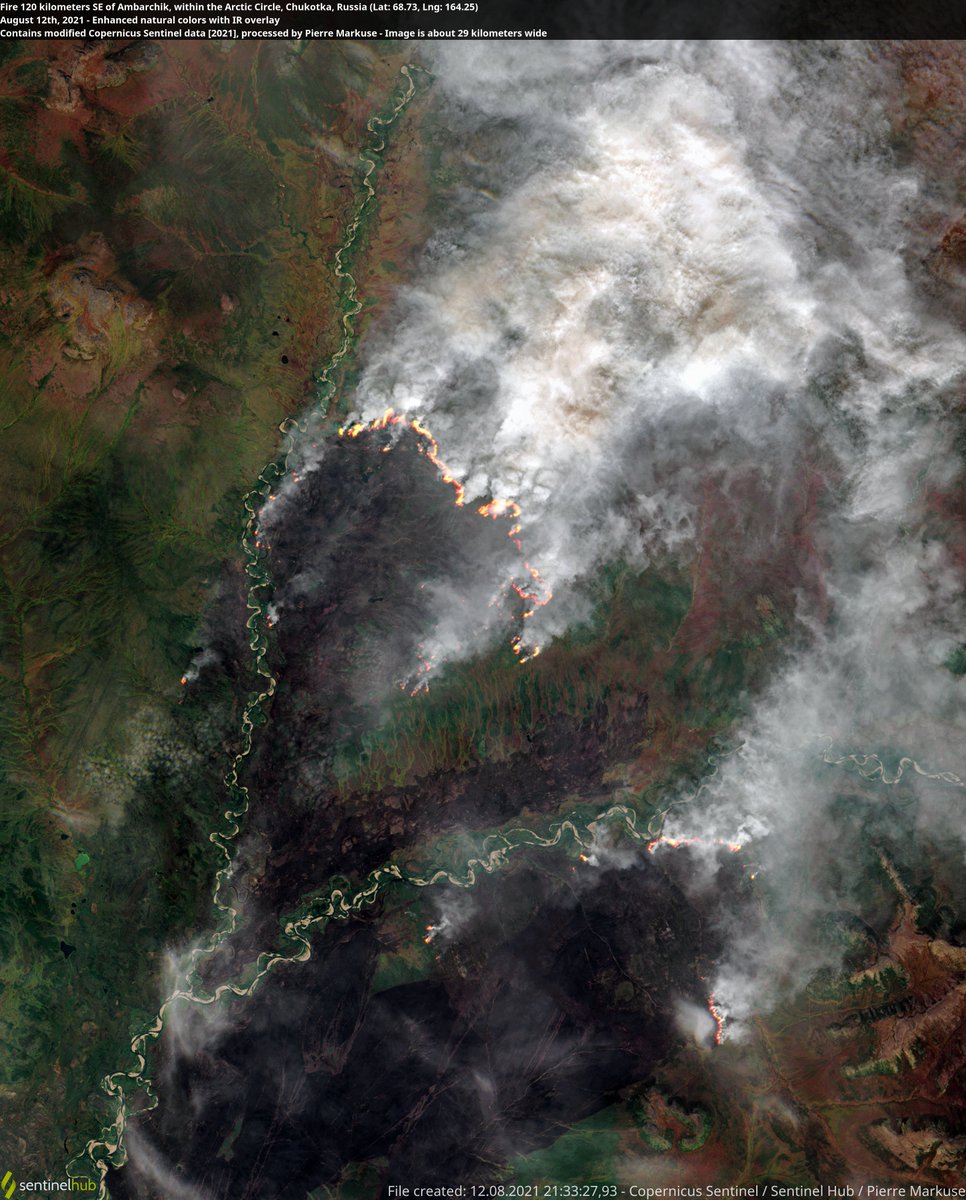 Satellite image of a Fire 120 kilometers SE of Ambarchik, within the Arctic Circle, Chukotka, Russia. 12 August 2021. Copernicus/Pierre Markuse