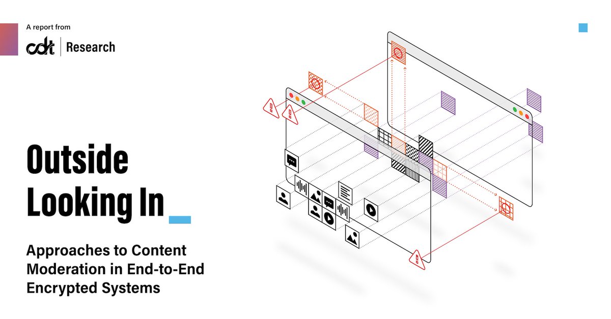 Center for Democracy & Technology (@cendemtech) on Twitter photo NEW: CDT Report on end-to-end encryption (E2EE) finds effective ways to moderate problematic content w/o sacrificing usersβ fundamental rights to privacy, free expression, & security. <a href="/senykam/">Seny Kamara</a> @malloryknodel <a href="/ellanso/">Emma Llanso</a> @lcyqn <a href="/thakurdhanaraj/">Dhanaraj Thakur (@consideration@mastodon.social)</a> @caitlinvogus
cdt.org/press/new-cdt-β¦ NEW: CDT Report on end-to-end encryption (E2EE) finds effective ways to moderate problematic content w/o sacrificing usersβ fundamental rights to privacy, free expression, & security. <a href="/senykam/">Seny Kamara</a> @malloryknodel <a href="/ellanso/">Emma Llanso</a> @lcyqn <a href="/thakurdhanaraj/">Dhanaraj Thakur (@consideration@mastodon.social)</a> @caitlinvogus
cdt.org/press/new-cdt-β¦