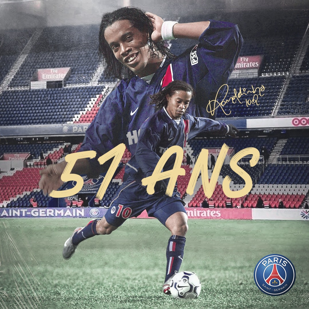 10Ronaldinho's tweet photo. Parabéns @PSG_inside! 51 anos de muita história, é um orgulho fazer parte dela. Tenho certeza que essa temporada será de grandes conquistas! 🤙🏾 🔴 🔵 https://t.co/IpoL4FHKAw