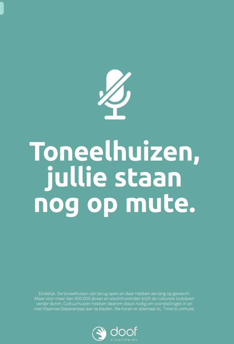 Stop de culturele lockdown voor doven en slechthorenden. Graag (meer) voorstellingen in/met VGT zodat wij ook kunnen proeven/genieten van theater! #timetounmute #rechtopvgt #vgt <a href="/destandaard/">De Standaard</a> #erbijhoren