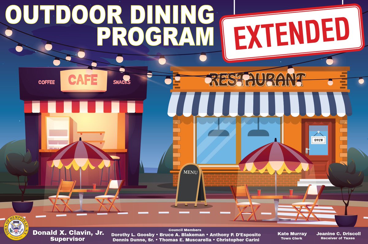 HempsteadTown's tweet photo. OUTDOOR DINING PROGRAM EXTENDED! ☀️🍽

@TOHClavin announced the extension of the outdoor dining permit program. Standing alongside Frank Borrelli at @Borrellis1955 in #EastMeadow, Clavin, the Town Board and the East Meadow CoC announced the program will continue into Oct. 2022! https://t.co/bckosg5W80