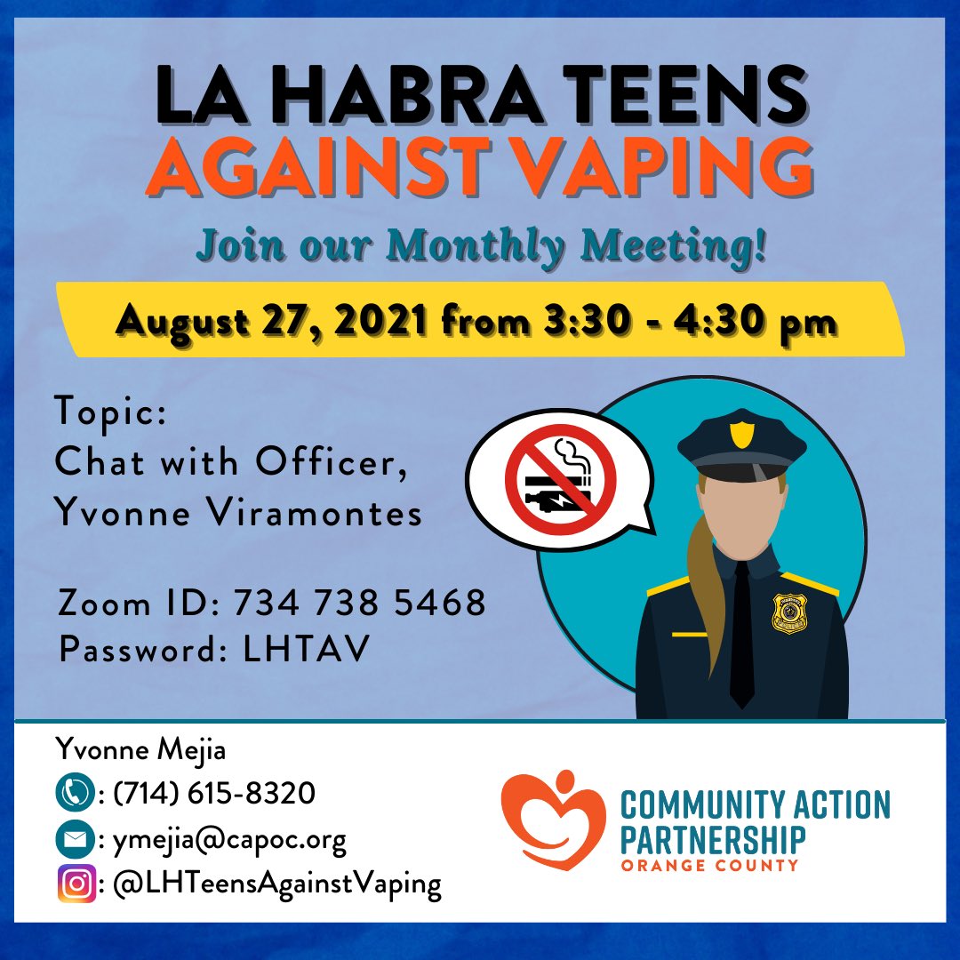 jcwms14's tweet photo. If you have teens in your life or work with teens, join this virtual opportunity to educate yourself on how to keep them safe. Spanish and English sessions available@LHTeensAgainstVaping @LHSchools @LaHabraHS @SonoraHS @LaHabraCA
#teensagainstvaping #communityactionpartnership https://t.co/n6jaLSCF1m