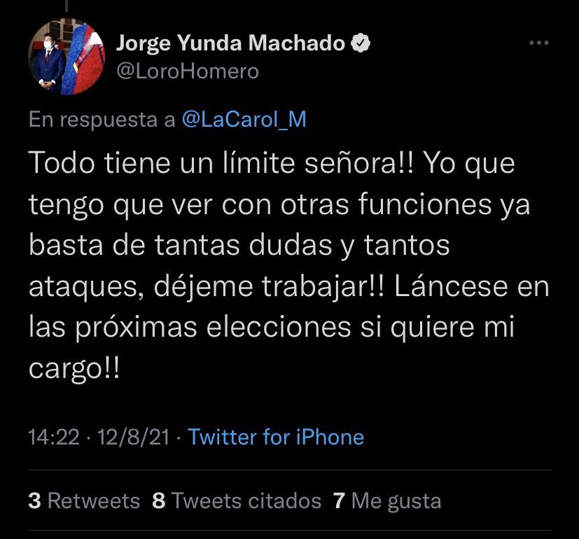 LaCarol_M's tweet photo. Por qué borraste @LoroHomero ? Yo NO te tengo miedo yo soy solo una persona que afronta lo que hace y dice. A diferencia tuya y te repito TU PUESTO NO ES TUYO ES DEL PUEBLO. Y si el pueblo te quiere fuera aunque te arda y te duela te tendrás que ir. https://t.co/93OozKEmNb