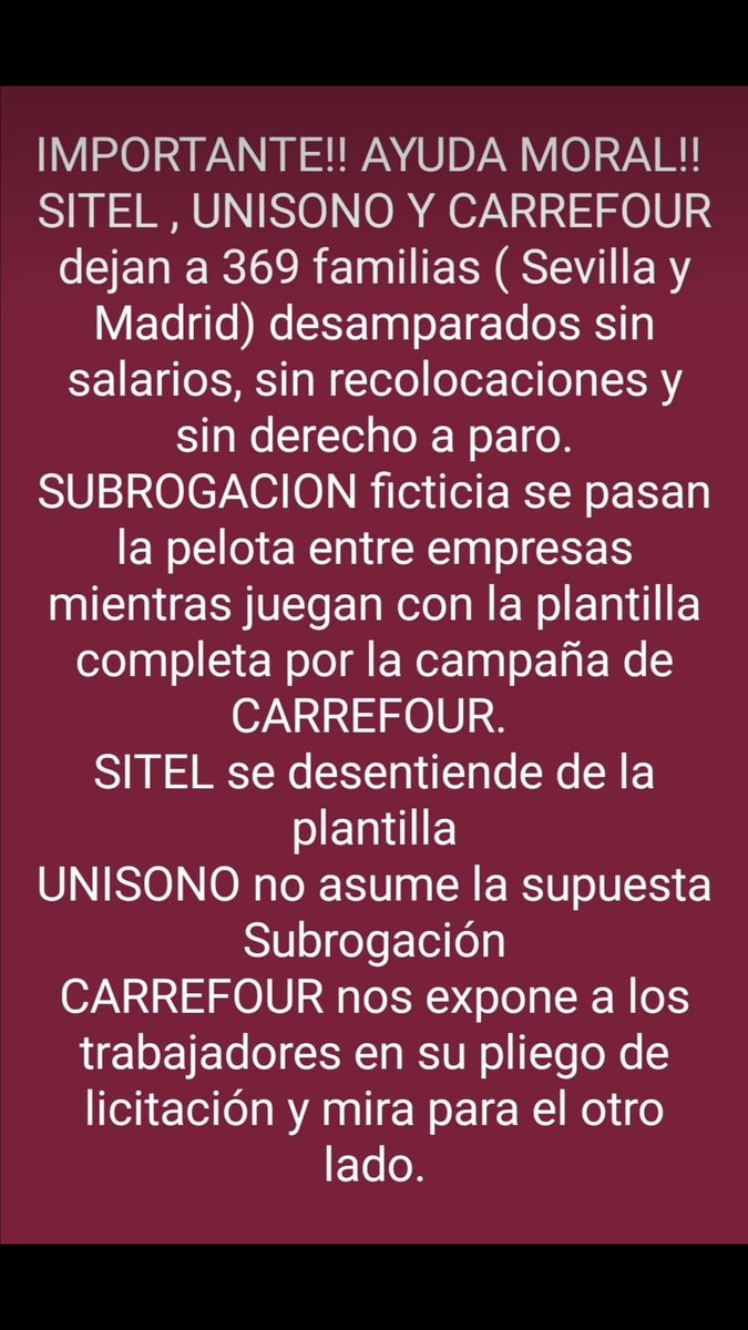jlgomez_70's tweet photo. Se ruega difusión. Estas familias lo están pasando mal. #sitelcarrefourusureros @CarrefourES @sitel_spain https://t.co/HenPiplFrZ