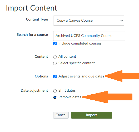 RimmerEdTech's tweet photo. Hey #TeamUCPS when you import 
@canvaslms content from another course MAKE SURE you remove dates!  If you import without the settings in the image below you can't edit the dates! 
@AGHoulihan @UCPSNC @UCPS_ICTeam @LisaEdTech https://t.co/EAPMf4M8sG