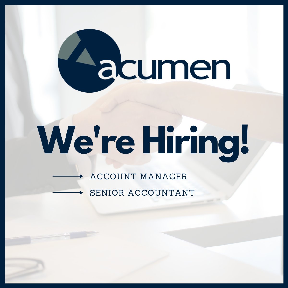 AcumenFL's tweet photo. Acumen is hiring an Account Manager and Senior Accountant! If you are interested in joining the Acumen Team, then please contact us: https://t.co/Xye4hfbMll

#Hiring #Sage300 #SageIntacct #AccountManager #Accountant #JobPost #ApplyNow #JobAlert https://t.co/Yy3Bg4Q2fM