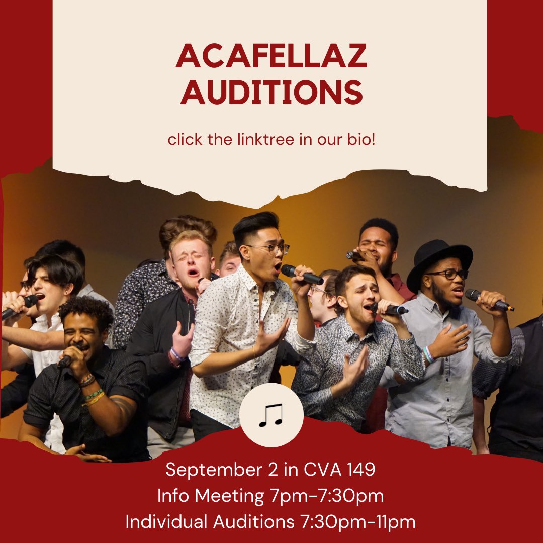 Acafellaz's tweet photo. Fellaz is looking for all tenors, basses, and a new beatboxer this year- if you are interested at all we encourage you to audition! Click the link in below for audition information for all the a cappella groups on campus!

https://t.co/m1cHa7l4Au https://t.co/NnXhhR3iSF