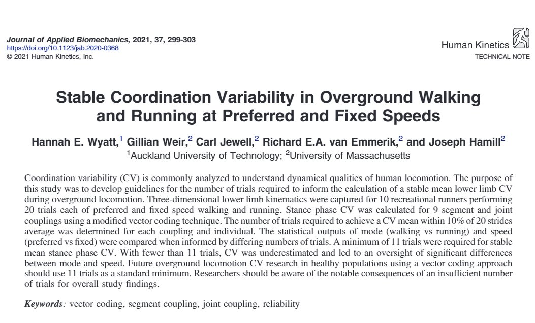 biomechstu's tweet image. Minimum of 11 trials needed for stable coordination variability (mean within 10% of 20 strides average) in overground walking and running at preferred and fixed speeds.

🔗 doi.org/10.1123/jab.20…