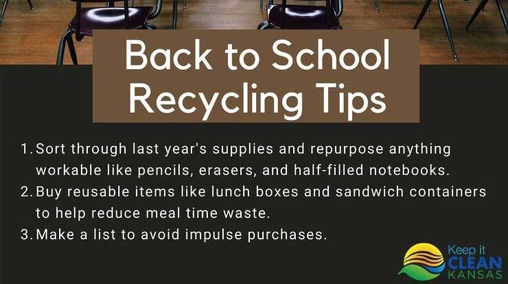 KDHE's tweet photo. It's back-to-school season, & Team #KeepItCleanKansas cautions not to get caught up in the notion that all school supplies need to be new. You can still get a lot of good use from last year's pencils, crayons, & backpacks. What will you #reuse this year? #ReduceReuseRecycle https://t.co/PrKRVZM4tg
