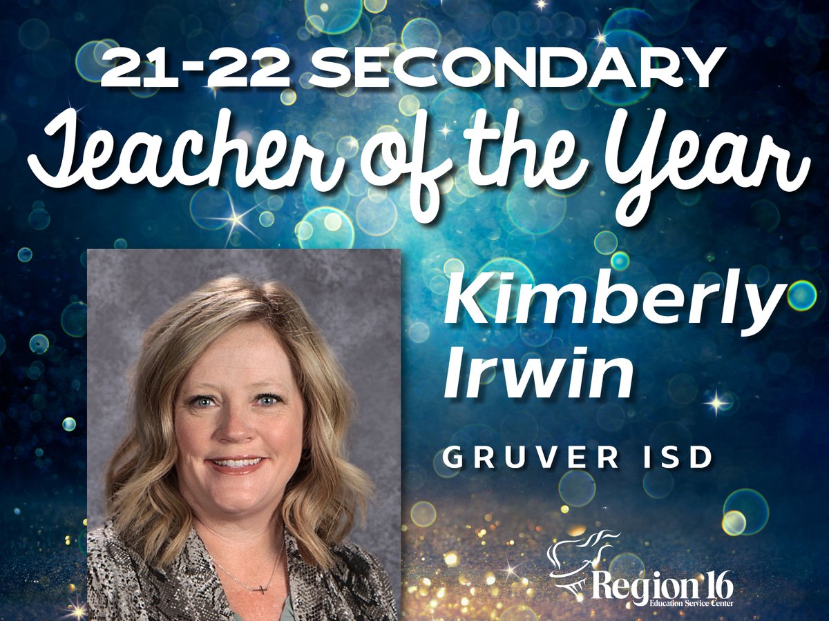 Region 16 is proud to announce that this year’s Secondary Teacher of the Year is Kimberly Irwin from Gruver ISD.
This year’s winners will represent Region 16 at the state Teacher-Of-The-Year ceremony in October.
Congratulations Kimberly! #gruverisd #teacheroftheyear