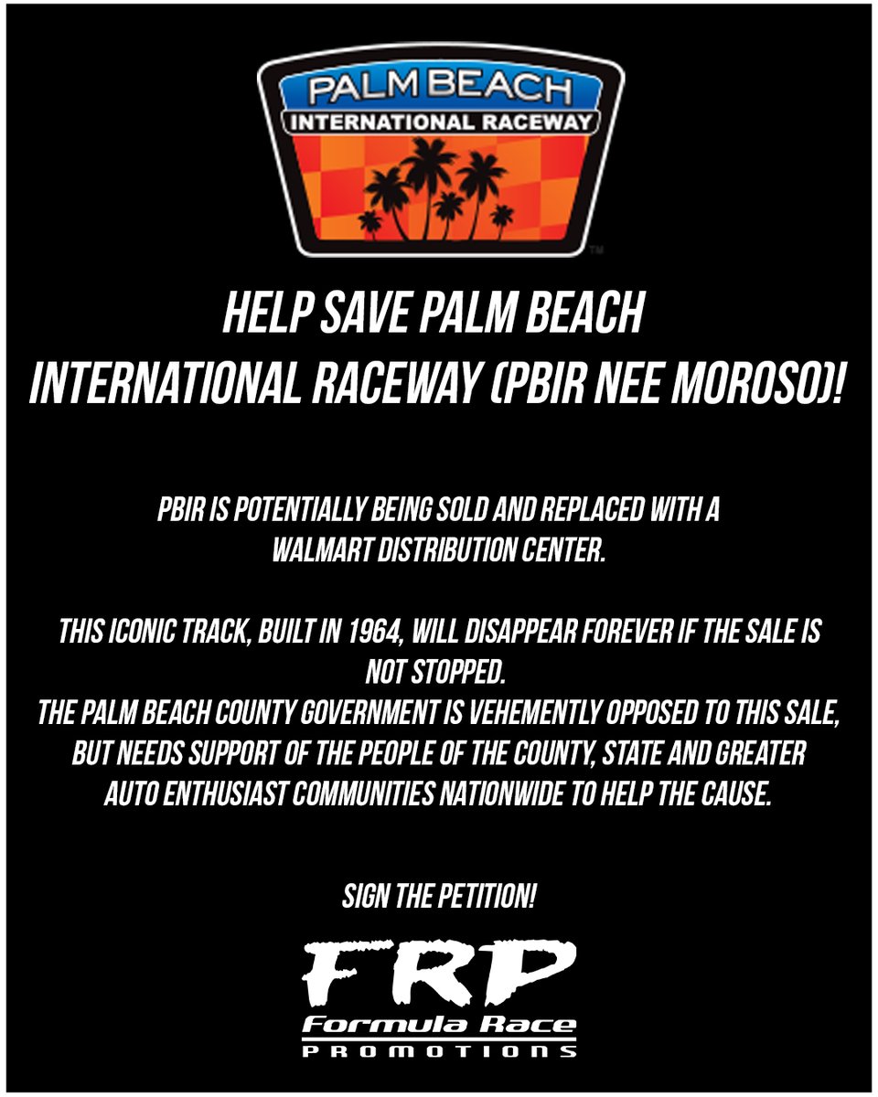 FormulaRaceProm's tweet image. WE NEED YOUR HELP!
PBIR is potentially being sold and replaced with a Walmart Distribution Center.  This iconic track, built-in 1964, will disappear forever if the sale is not stopped. 
Below is a link to a petition to save the track.  
buff.ly/37zLkRw