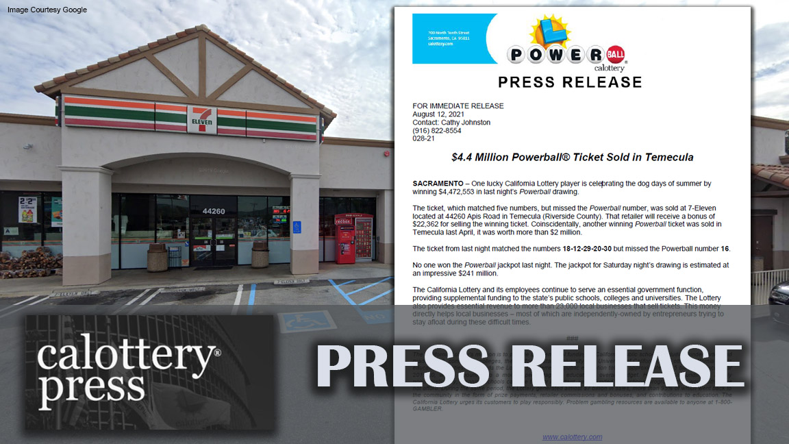 Big news in #Temecula! A #CALottery #Powerball ticket sold there for last night’s draw is worth $4.4 million! Read about it here https://t.co/HOte2IJfV5. Check out more winners from across California here https://t.co/PhzBgDvNHb and here https://t.co/rgis3xA3dZ. https://t.co/yZJEhVzWJQ