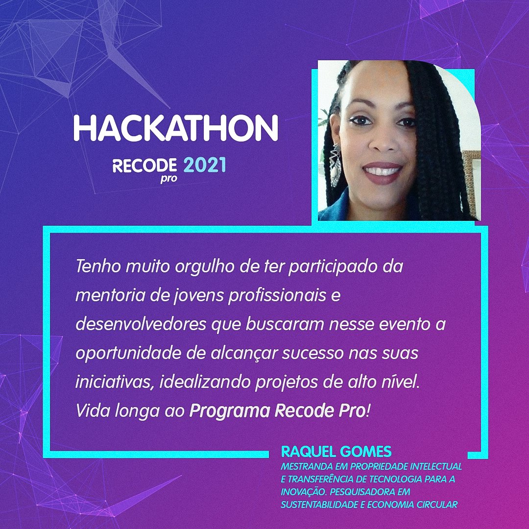 rederecode's tweet image. O #HackathonRecodePro é mais que um projeto, é uma experiência que quem participa leva pra vida! A mestranda Raquel Gomes foi mentora da edição 2021 e pôde ajudar jovens em busca de transformação profissional. 😉
#rederecode #recodepro #dev #fullstack