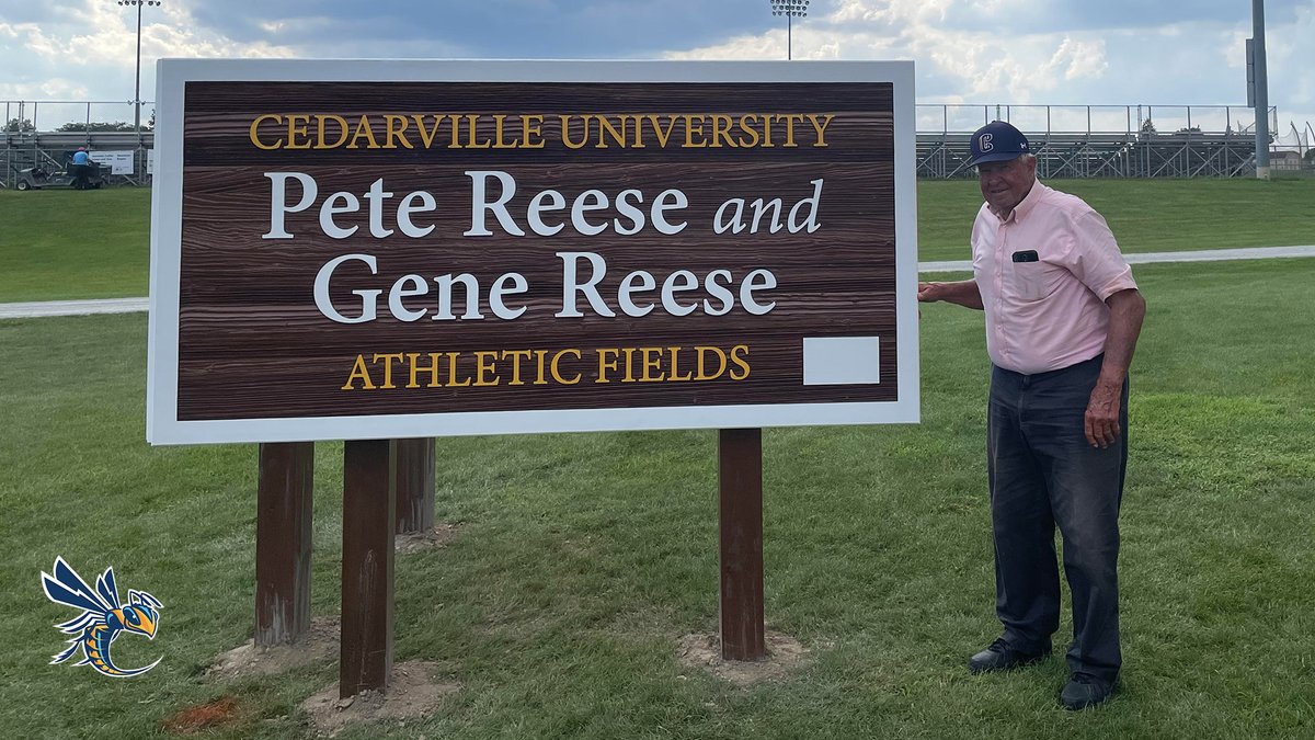 So, this happened today! Pete Reese stands along the sign that was installed acknowledging all that he and his late brother, Gene, gave to <a href="/Cedarville/">Cedarville University</a> to create the #CUJackets Athletic Fields. Thanks for your servant leadership and vision! <a href="/GreatMidwestAC/">Great Midwest</a> <a href="/TheNCCAA/">NCCAA</a> <a href="/NCAADII/">NCAA Division II</a>