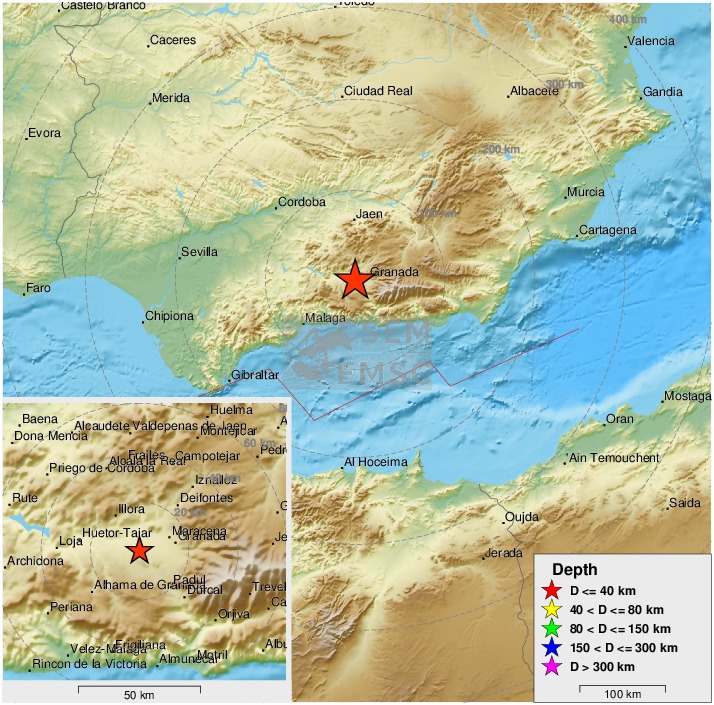 LastQuake's tweet photo. Felt #earthquake (#terremoto) M4.6 strikes 76 km NE of #Málaga (#Spain) 3 min ago. Please report to: https://t.co/25rj7v9xr7 https://t.co/GZRrkUhbWq