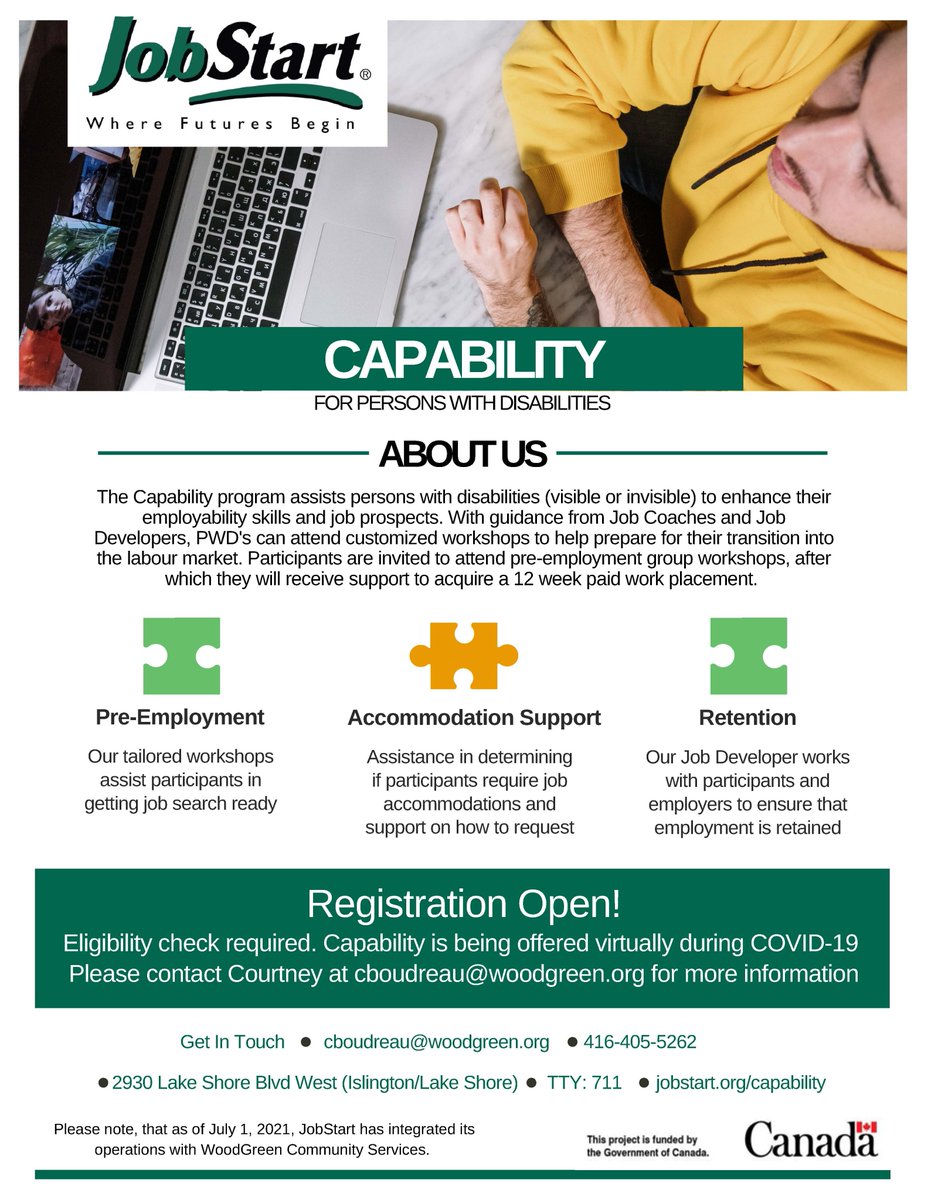 JobStartTO's tweet image. The Capability Program is looking for participants for our next session. If you are a person with a disability &amp;amp; looking for work please contact Courtney - cboudreau@woodgreen.org​ for more info
#personwithdisability #disability #employment #employmentservices #disabilityservices