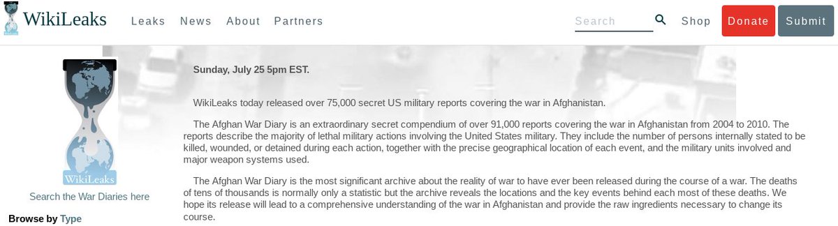 Archive: The Afghan War Diary is an extraordinary secret compendium of over 91,000 reports covering the war in Afghanistan from 2004 to 2010 #Afghanistan #AfghanWarLogs

Link: wikileaks.org/afg/