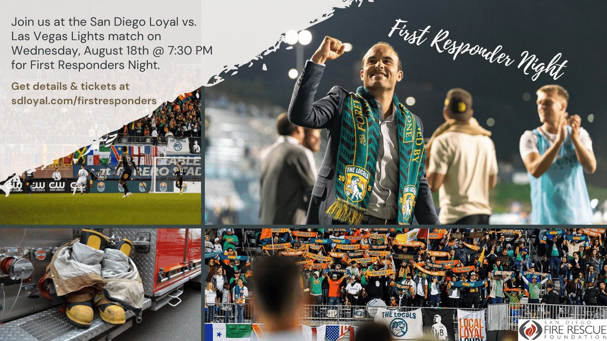 sdfirerescue's tweet photo. Come join us for First Responder's Night with @SanDiegoLoyal on Weds., Aug. 18th. $5 from your ticket will be donated back to the Foundation and #FirefighterAid. https://t.co/k1GWO9T7uY
#sandiegoloyal #FirstResponders https://t.co/m86fwETgC6