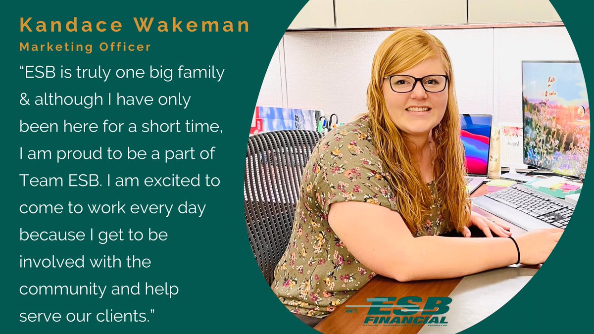 FinancialEsb's tweet photo. It's time for a new round of #TeamMemberThursdays and first up is our new Marketing Officer, Kandace Wakeman! She joins us with several years of marketing experience. Welcome to the team, Kandace! https://t.co/i0NCYAhF9b