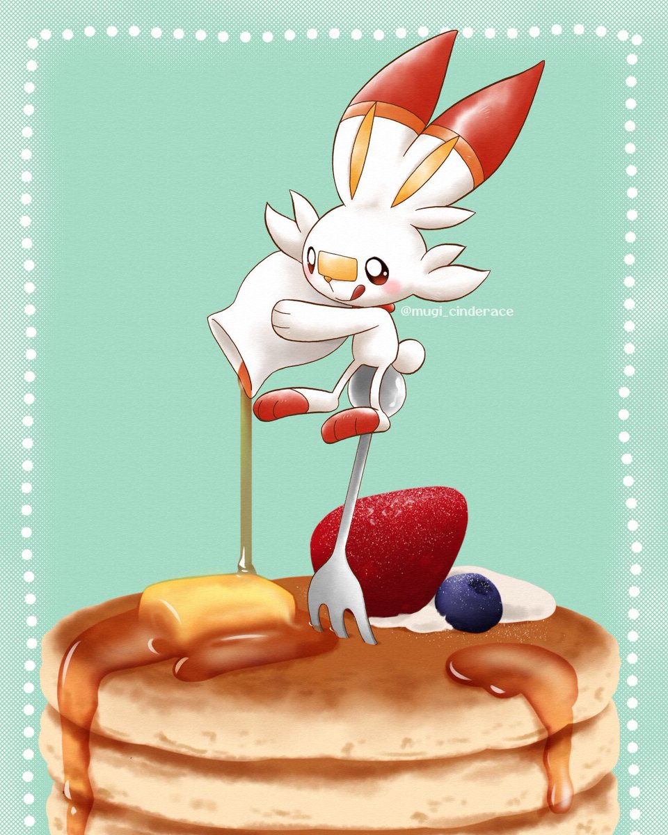 scorbunny pokemon (creature) no humans tongue pancake food fruit solo  illustration images