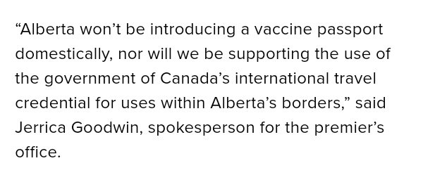 LutherBurgsvik's tweet photo. Canada: “Alberta won’t be introducing a vaccine passport domestically, nor will we be supporting the use of the government of Canada’s international travel credential for uses within Alberta’s borders,” said a spokesperson for the premier’s office.

https://t.co/qbQhuUSTJ7 https://t.co/JBptxGnLDq