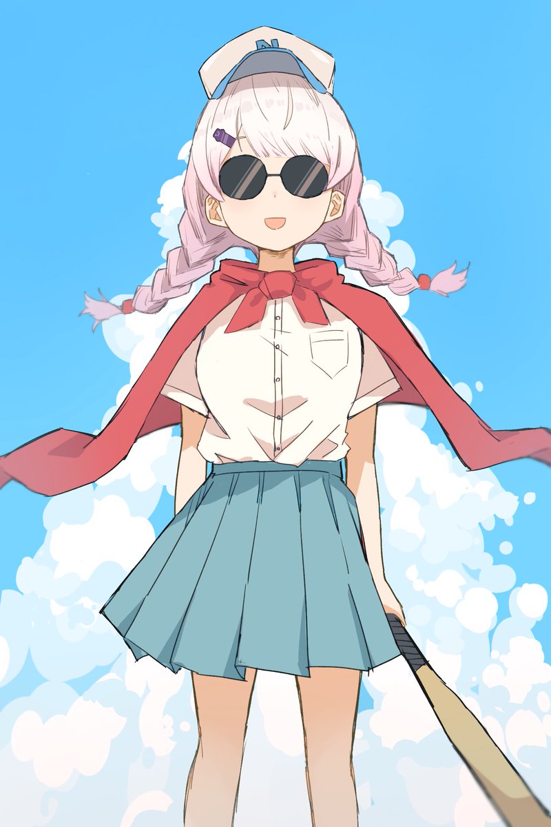 1girl solo skirt sunglasses hat hairclip cloud  illustration images
