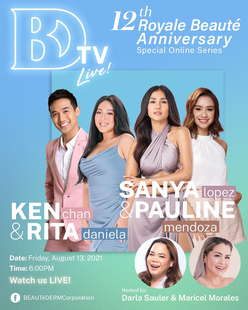 See you all guys tonight at 6:00 PM! Don’t forget to like, share and win exciting prizes! 

#BDTV #BEAUTéDERM #KenChan #RitaDaniela #SanyaLopez #PaulineMendoza #DarlaSauler #MaricelMorales