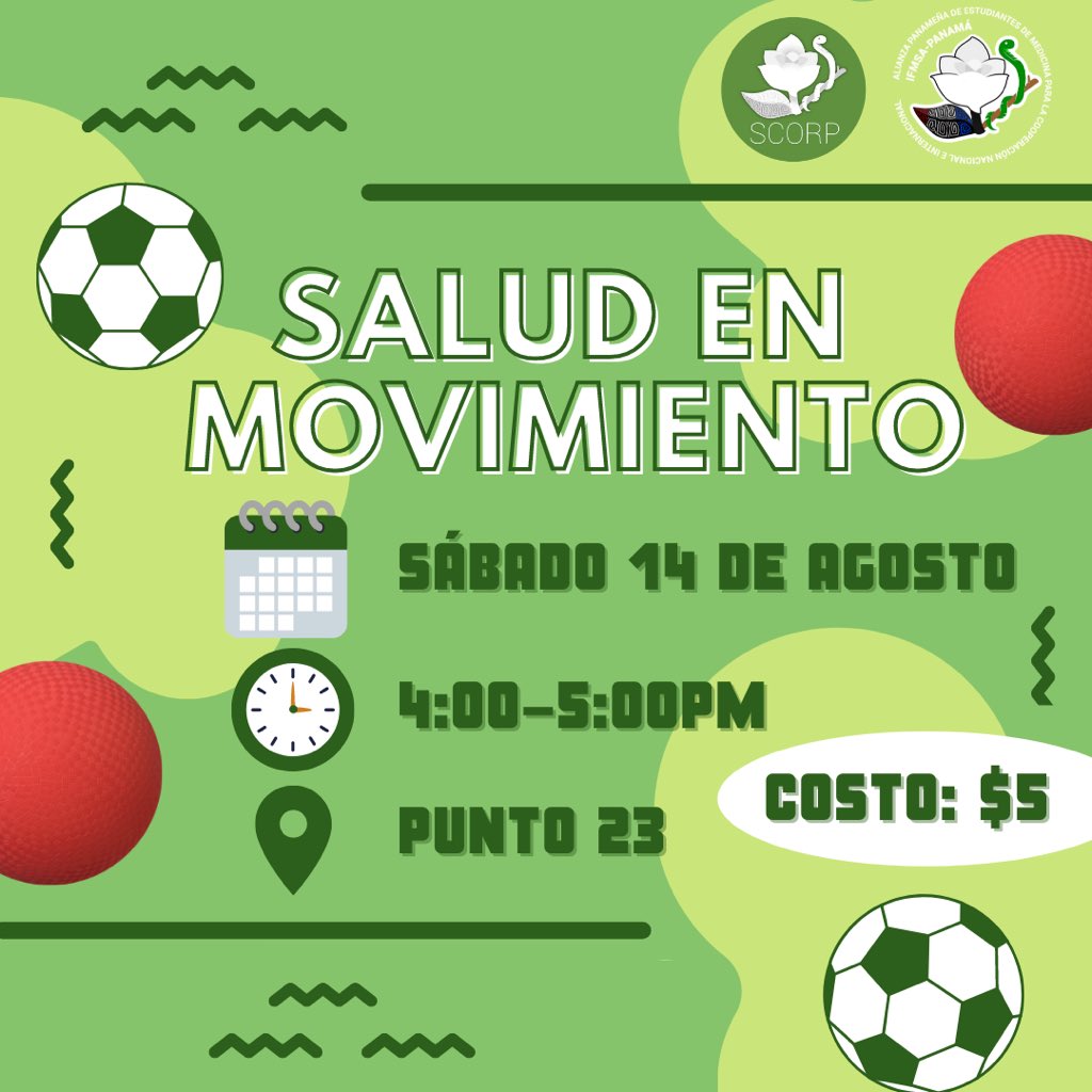 ScorpPanama's tweet photo. De parte de SCORP 💚 los invitamos a participar de nuestro primer día deportivo.

📅 Sábado 14 de agosto
⏰ 4:00 a 5:00 p.m.
📍Punto 23 de Costa del Este 

Tendremos juegos de de fútbol y kickball⚽☄️
Colaboración: $5 💸
Link 👇👇
https://t.co/CcOyIqI1Cx https://t.co/hlbSd22xBP