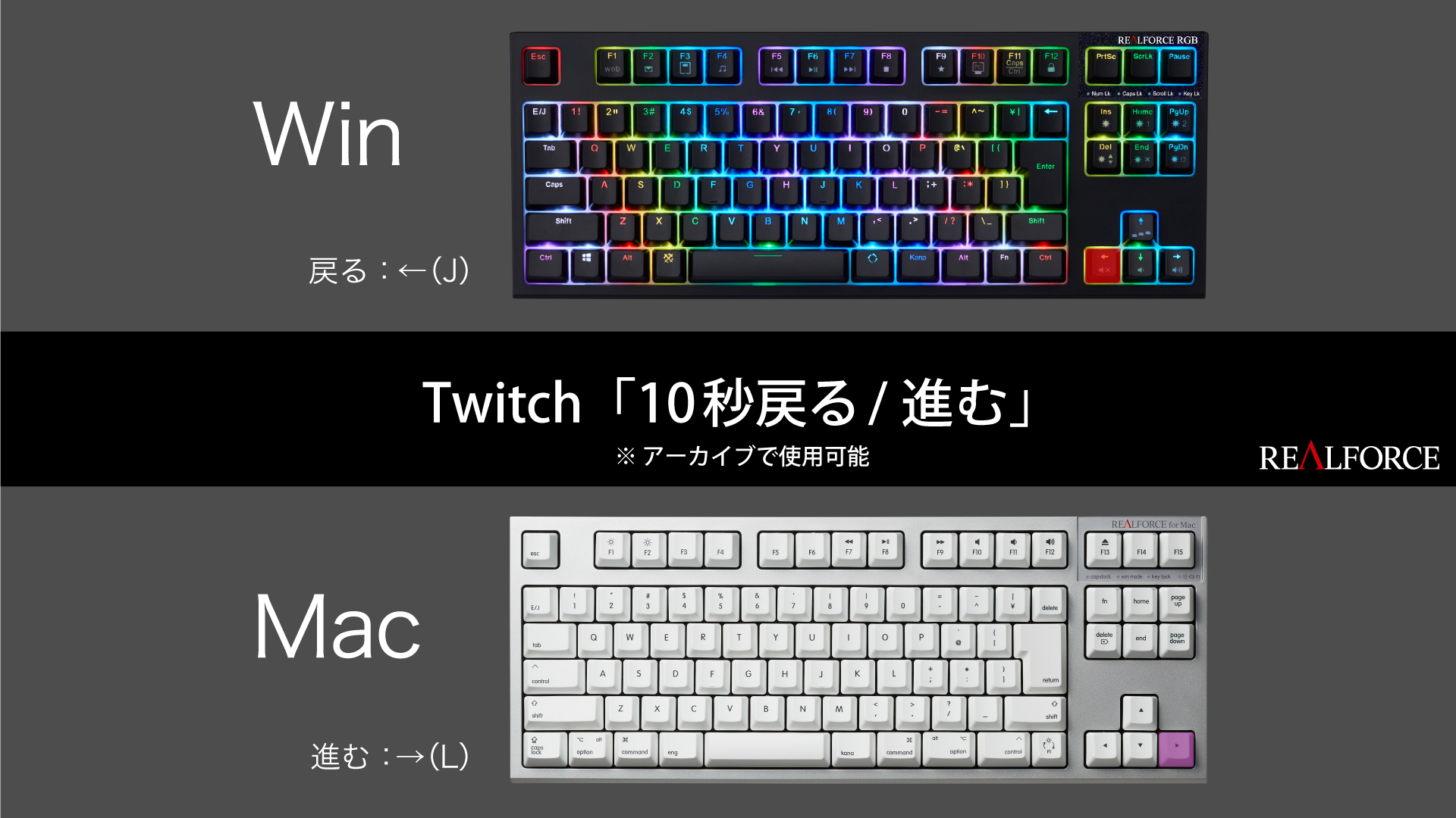 Realforce リアルフォース 公式 Rf ショートカットtips Twitchで使える 10秒戻る 進む ショートカットキー アーカイブで使用可能 Win Mac J L 赤色 紫色部分 自分の観たい場面に飛ばしたいときに便利です Realforce Rf