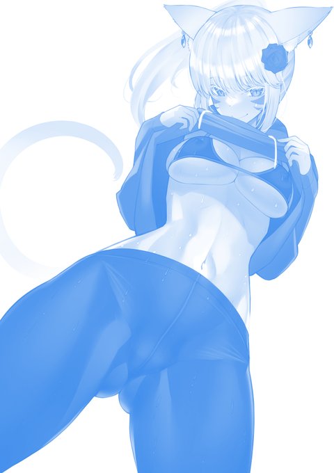 スパッツ&パーカーが可愛いミコッテさんが自慢の腹筋をチラ見せしてくるrkgk 本日の進捗、キャラ着色～陰影 #skebご依頼 #今日のらくがき 