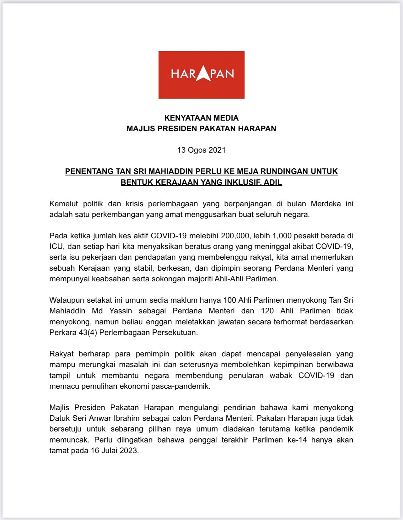 Anwar Ibrahim On Twitter Kenyataan Media Majlis Presiden Pakatan Harapan 13 Ogos 2021 Penentang Tan Sri Mahiaddin Perlu Ke Meja Rundingan Untuk Bentuk Kerajaan Yang Inklusif Adil Https T Co Tr83dvikl4 Twitter