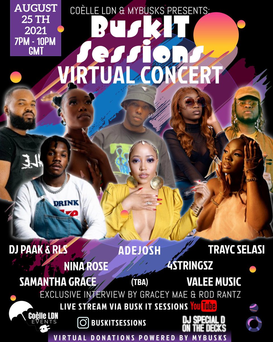 BuskitSessions's tweet photo. 📣 less than 2 WEEKS TO GO‼️

@Mybusks &amp; @CoelleLdnLive presents: #Buskitsessions LIVE VIRTUAL CONCERT

📆 Wednesday 25th August 2021
📍Youtube live stream

Hosted by: @_GraceyMae @RodRantz 
DJ on the night: @djspecialduk 

Not to be missed! 🥳 https://t.co/voi55YkbaW