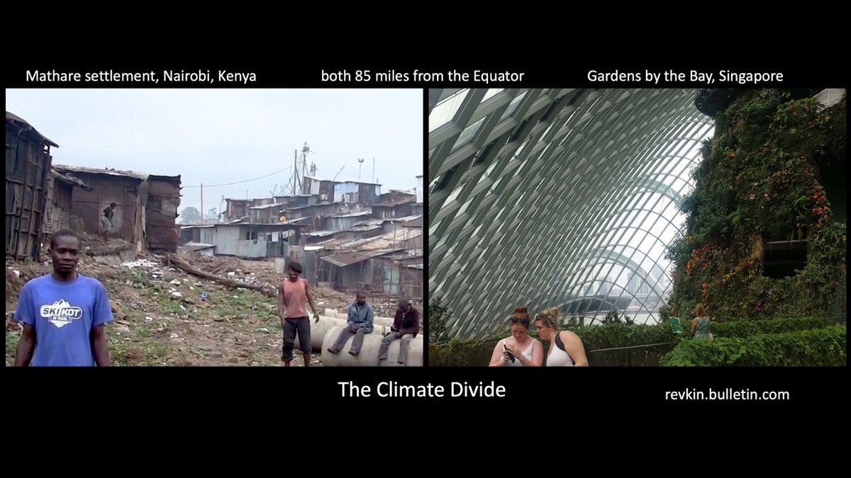 Revkin's tweet photo. The global A/C boom, now amplified by #globalheating, is a natural outgrowth of human desires for optimal conditions, when affordable. Singapore's @GardensbytheBay &amp; Nairobi's #Mathare settlement are both 85 miles from the Equator. #ClimateDivide More: https://t.co/8e8nQIfaAN https://t.co/UiFcRz95Zg