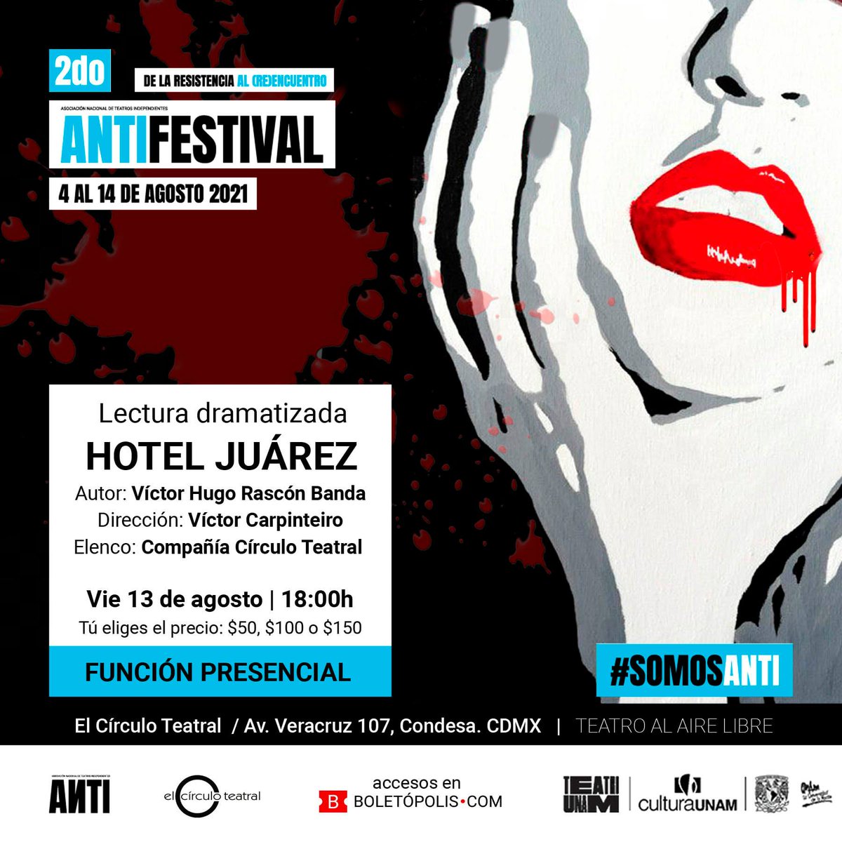 TeatroRendija's tweet photo. 🚨últimos días de #Antifestival🚨
¡VIERNES! #SomosANTI #AsómatePorLaRendija @SistemaCreacion @teatrounam @TeatrosAnti @LaCapillaTeatro @LaTiteria https://t.co/FhPbF3e7Tn