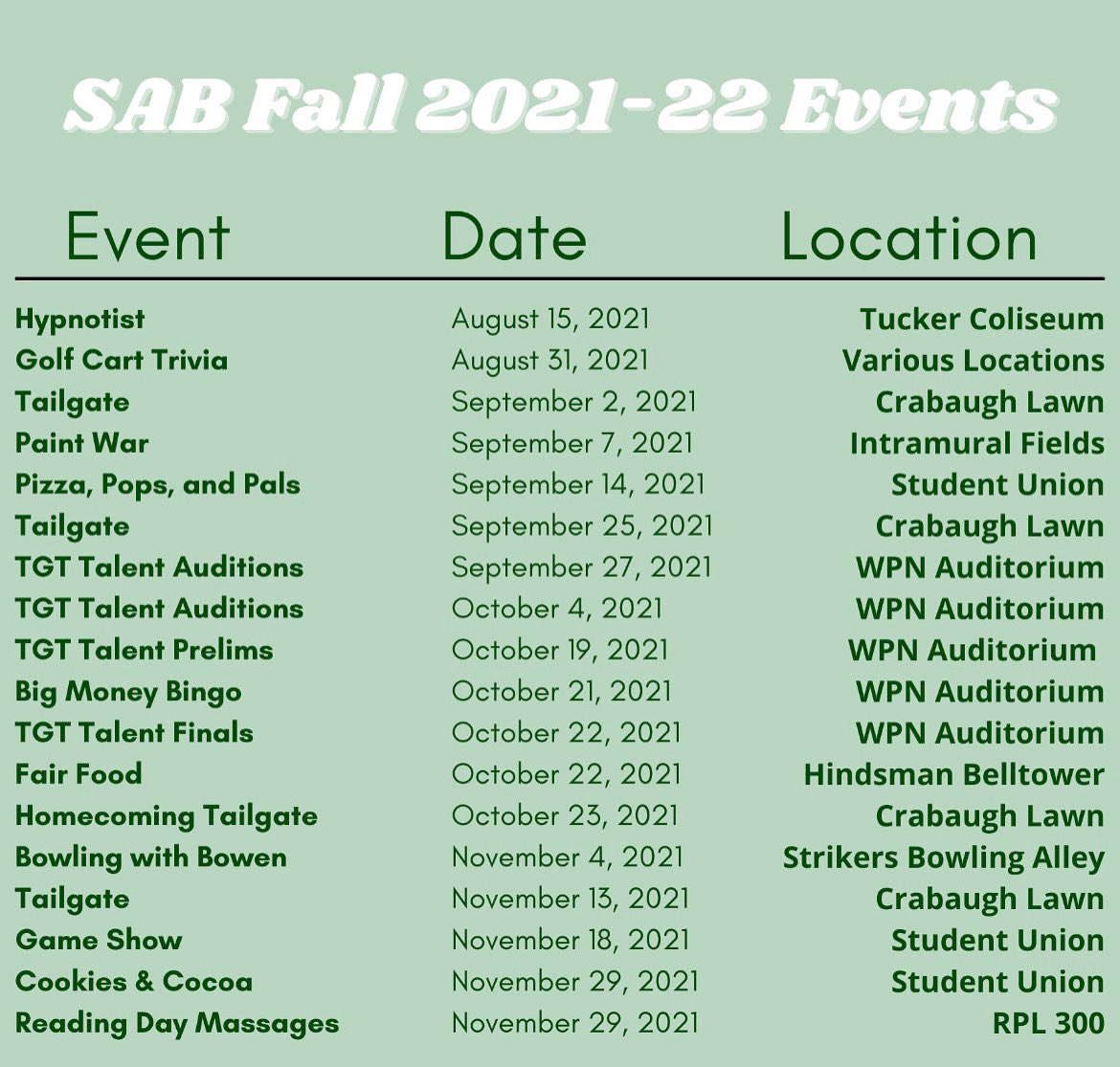 Pull out your planners 📝 and mark your calendars 📆 SAB can't wait for a semester full fun, prizes, and events! Tell us which event you're most excited for this fall! 🥳🎉 We can't wait to see you there! 🤩
