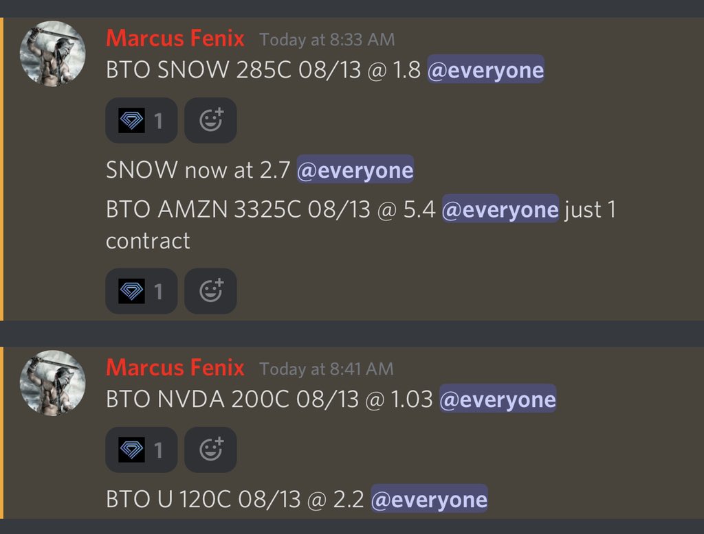 gladiator_stock's tweet photo. Today was absolute Lotto Thursday 
🔥🔥💥💥🥳
$AMZN 3325C 100%
$TSLA 750C 08/20 100%
$U 300%
$TTD 100%
$SNOW 100%
$CHWY 95C 120%

#OptionsTrading #StocksToTrade https://t.co/YX0sfDJHUe