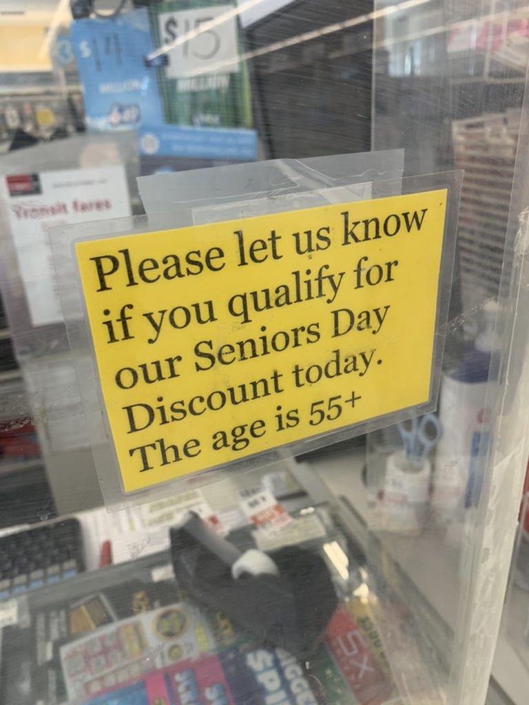 Earlier today, my wife finds a photo of me from 5 years ago and gasps, Wow you looked so young! Three hours later, the kind cashier-assassin at Shoppers gestures questioningly (accusingly?!) at the sign below. If anyone needs me I’ll be enjoying the early bird special at Denny’s.
