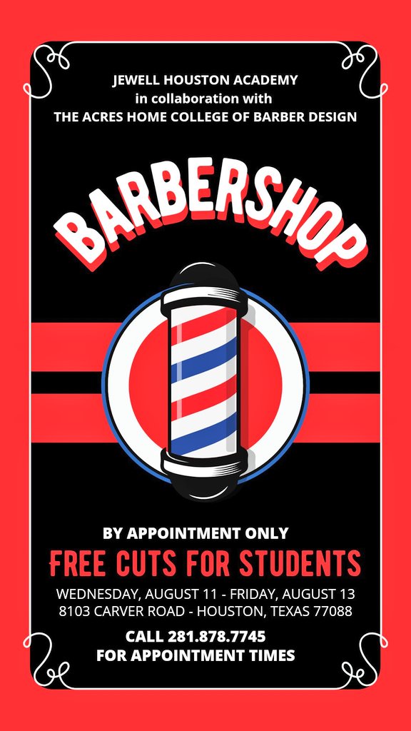 Houston_AISD's tweet photo. #JHAspotlight goes out to Mr. Williams for helping our young scholars prepare for the first day of school with a fresh hair cut. He graduated from the Acres Home College of Barber Design nearly 17 years ago and is still using his skillset to help others! Thanks Mr. Williams!!! https://t.co/h638RsN4OM
