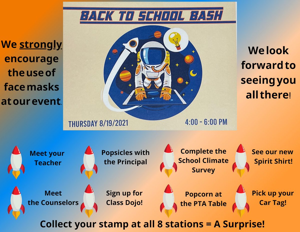 NISDGlenn's tweet image. 🚀We MISS our ASTRONAUTS!!!
Please join us for our Back to School Bash next Thursday! 
See you there! 🚀¡¡¡Echamos de menos a nuestros astronautas!!!
Únase a nosotros la próxima semana para nuestra Fiesta de Regreso a Clases. ¡Nos vemos allí!
@michelleRfine @JGELEMVP @Ms_Goodday