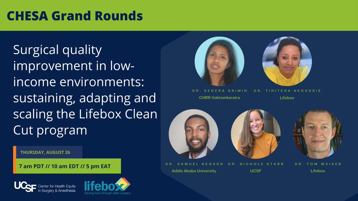 UCSF_CHESA's tweet photo. SAVE THE DATE: #GrandRounds 
🗓️ August 26
🕙 7 am San Francisco/5 pm Addis Ababa
🎙️ Panelists include @AriminoSedera @negashsamie @TihitenaN @NicholeStarr5 @TGWeiser
🖱️ Register: https://t.co/5SCpyT7ne4
Simulcast in: 🇬🇧🇫🇷🇪🇸
@safersurgery https://t.co/Dnqjhu7oQS