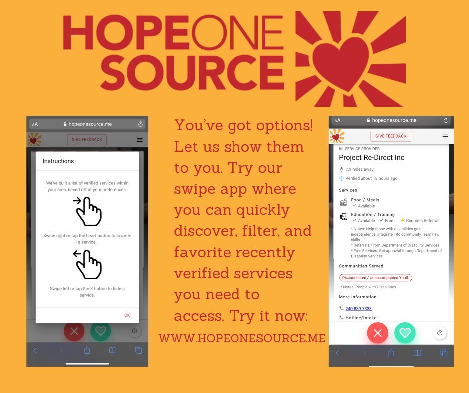 hopewithlove's tweet photo. Try our swipe app where you can quickly discover, filter, and favorite verified services you need to access: https://t.co/G6mdFqpEyk
#swipe #discover #hopeonesource #socialimpact #datadriven #partnership #DChope #nonprofit #resources #filter #favorite #verifiedservice #options https://t.co/VXKW2wOnnY