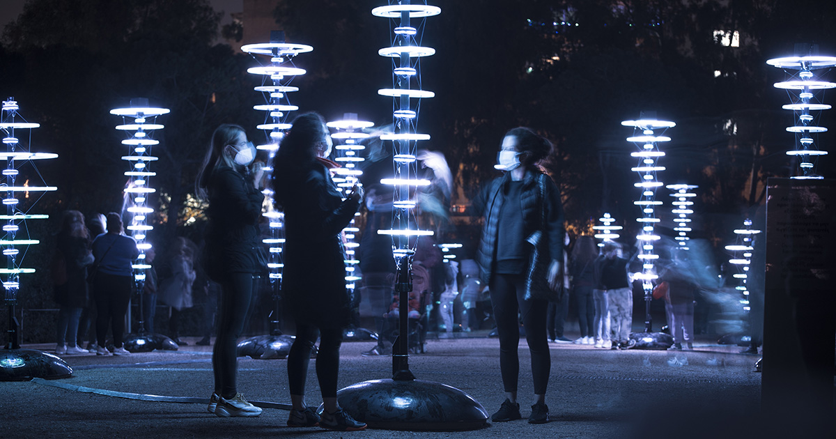 "illumaphonium: Halo," by the artist duo <a href="/illumaphonium/">illumaphonium</a> of Churchstanton, UK, is a series of interactive towers that create ever-evolving patterns of light and sound through audience participation. See it Nov. 5–14 at Canal Convergence! Learn more: sarts.co/3xCUgjG