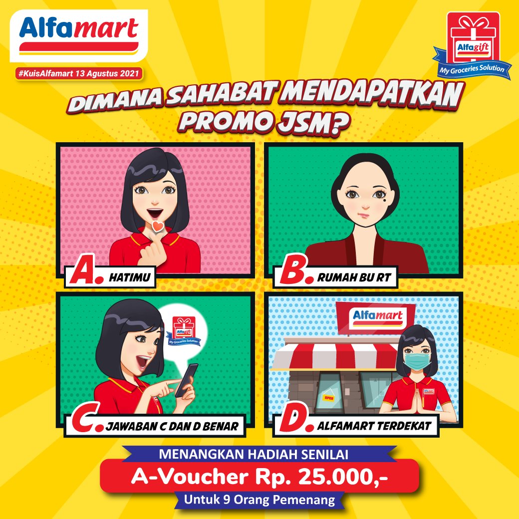 alfamart's tweet photo. Sebelum menikmati beragam promo menarik yang akan segera hadir di hari ini, yuk main #KuisAlfamart terbarunya dulu.

Pas banget nih #PromoJSMAlfamart terbaru sudah hadir, pasti  tahu deh jawabannya 😍😍

Pastikan ikutan karena ada Giveaway voucher senilai Rp 25rb menanti https://t.co/66LIsJJL4o