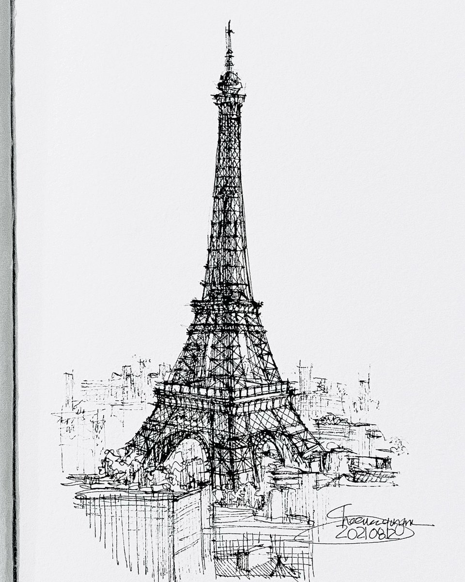 Dibujo original a lápiz y tinta de la Torre Eiffel París sobre papel de  acuarela marfil | eBay