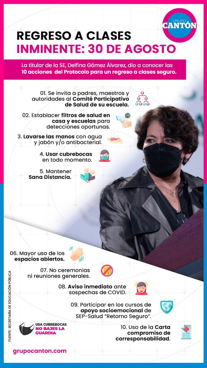 TabascoHOY's tweet photo. #Importante🔴| Regreso inminente a clases el próximo 30 de agosto. 🏫

🔴La titular de la @SEP_mx, Delfina Gómez Álvarez, dio a conocer las 10 acciones del Protocolo para un regreso a clases seguro. #QueNoSeTePase 📝Los padres jugarán un papel muy importante 👇🏽 https://t.co/WCX1VDsUk2