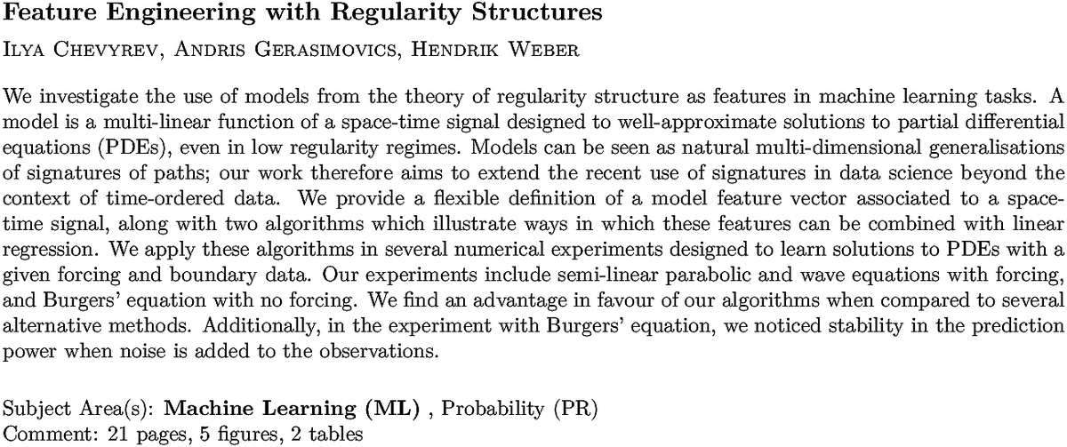 arxiv.org/abs/2108.05879…
I Chevyrev et. al.
Feature Engineering with Regularity Structures